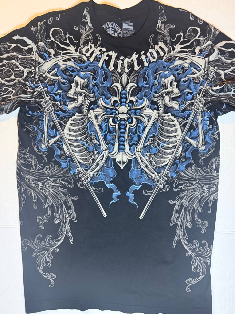 Affliction Black Tee with Blue & White Skull Cross Ensembles